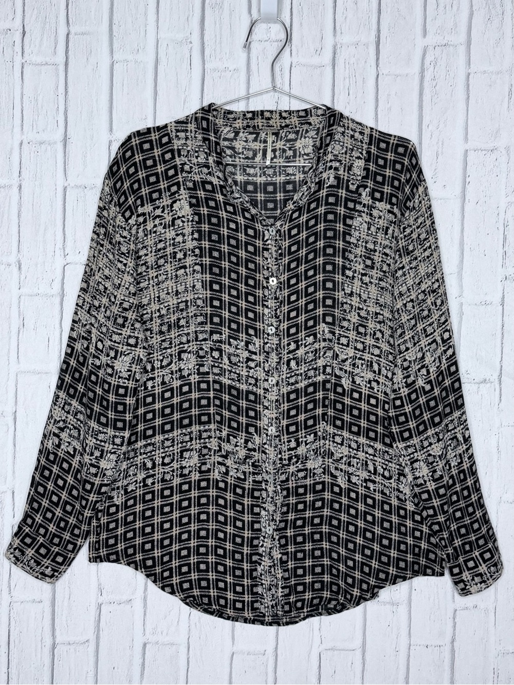 🖤 Free People Black Cream Mixed Print Boho Button Down Top Medium
